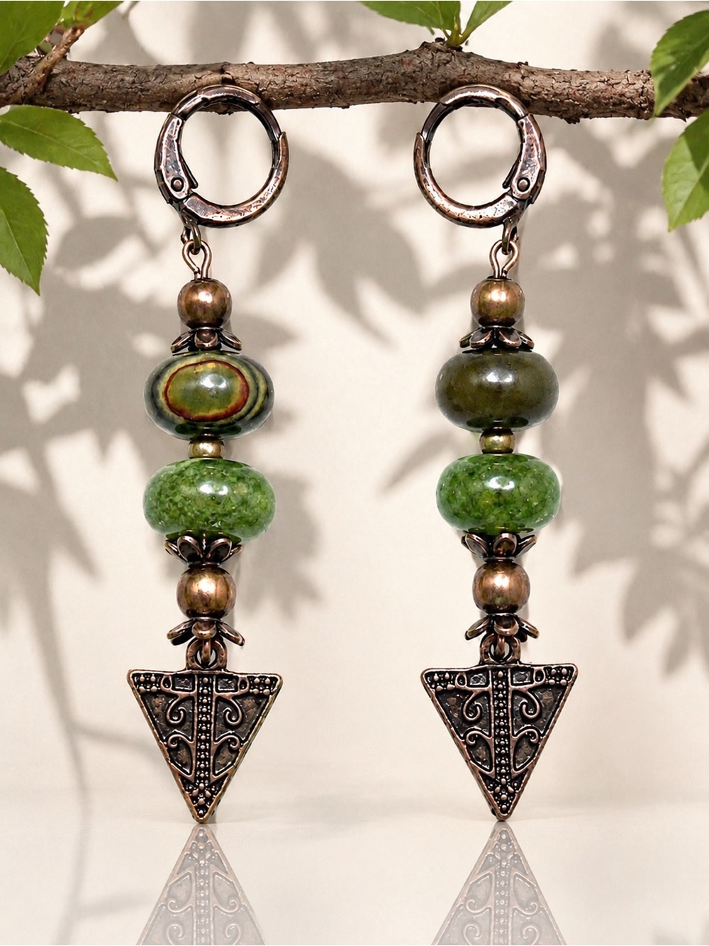 Wood & Glass Boho Dangle Earrings, Antique Copper Leverback Earrings